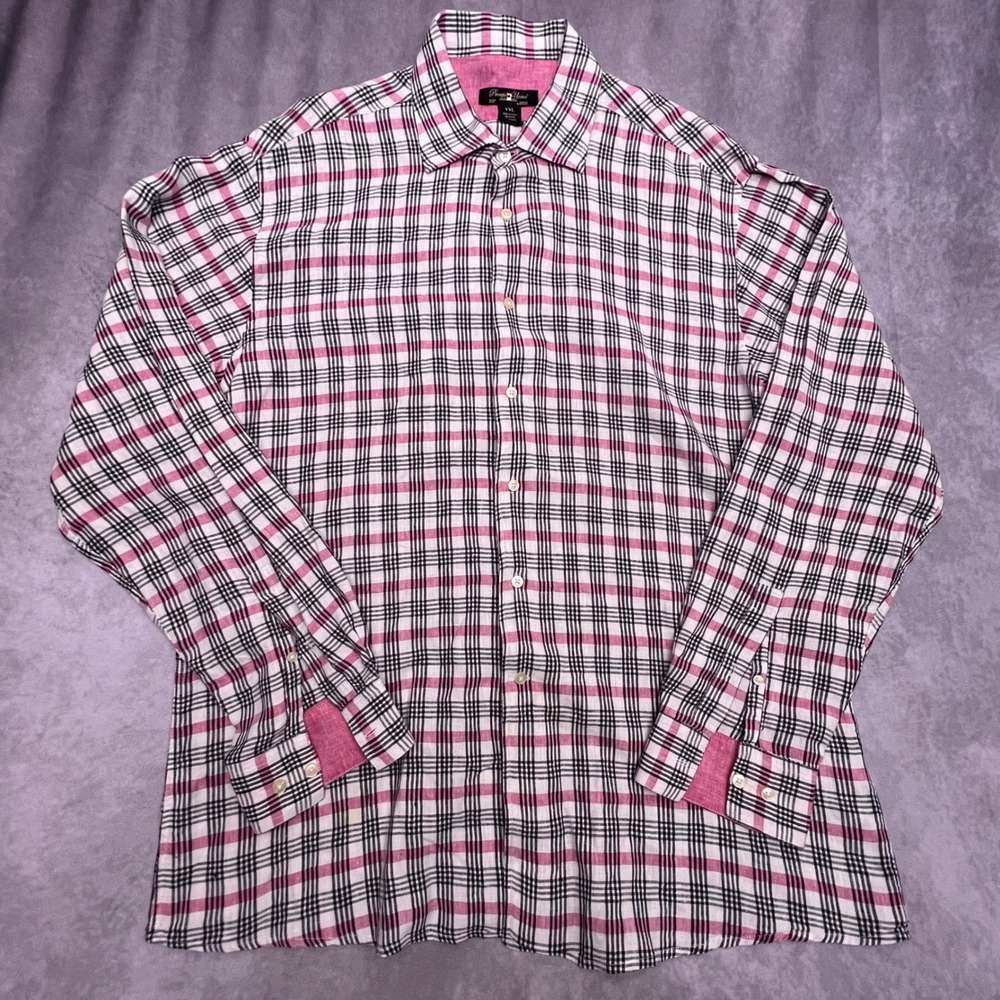 Pronto Uomo Shirt Mens XXL Pink White Plaid Excellent 100% Linen Long Sleeve
